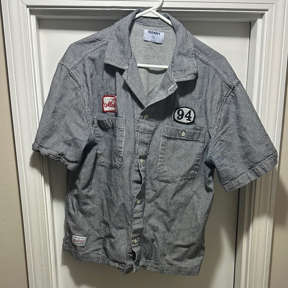 Old Navy Navy and White Striped Patch Shirt